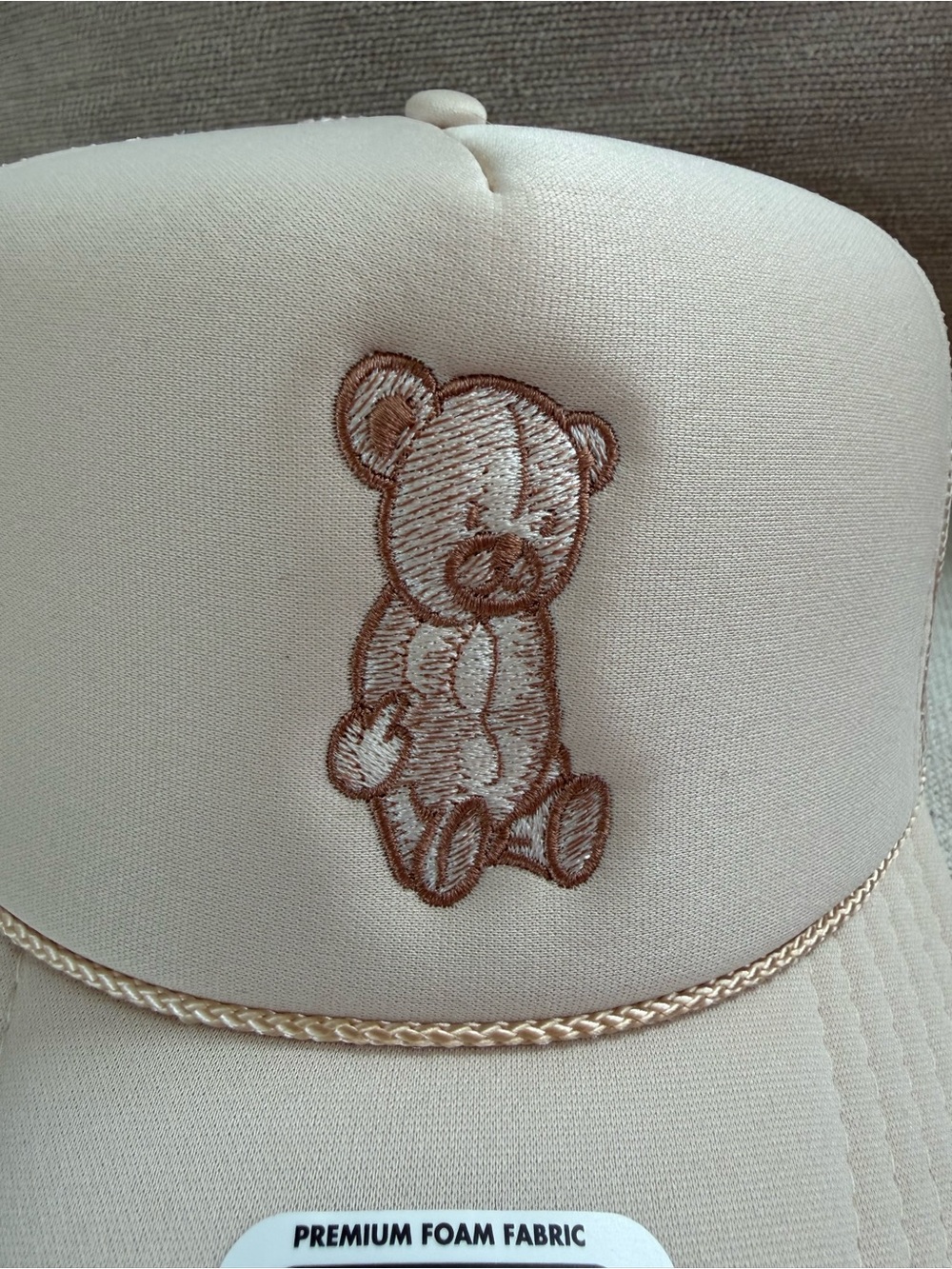 Beige Trucker Hat with Brown Embroidered Teddy
